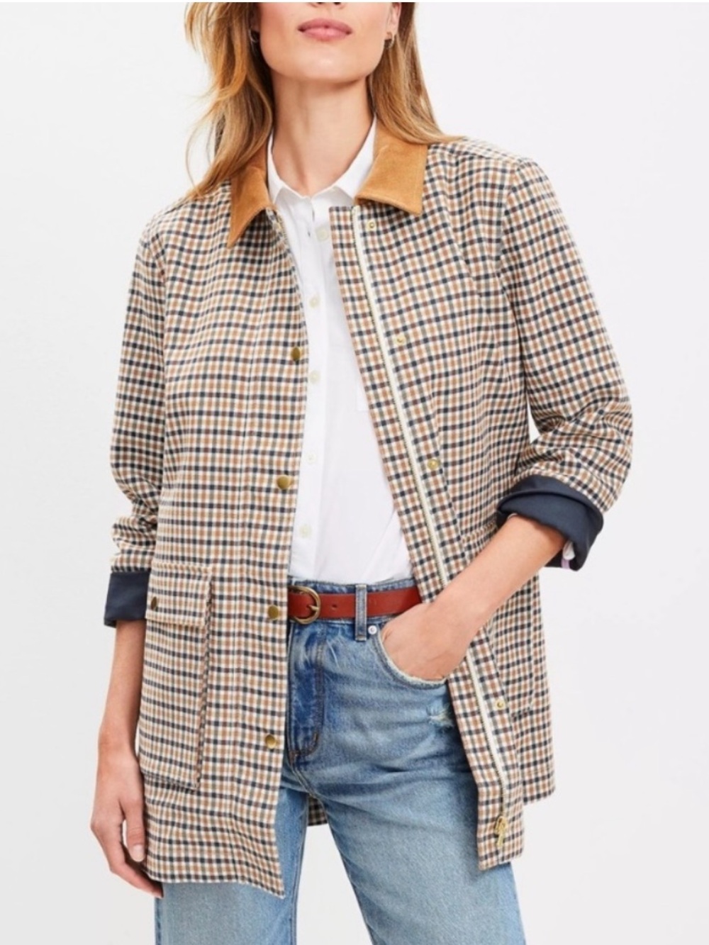 Loft Classic Beige Plaid Lightweight Barn Jacket with Tan Corduroy Collar